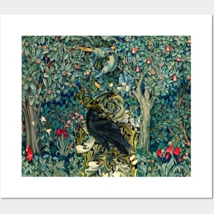 GREENERY, FOREST ANIMALS ,RAVEN ON ACANTHUS LEAVES Blue Green Floral Posters and Art